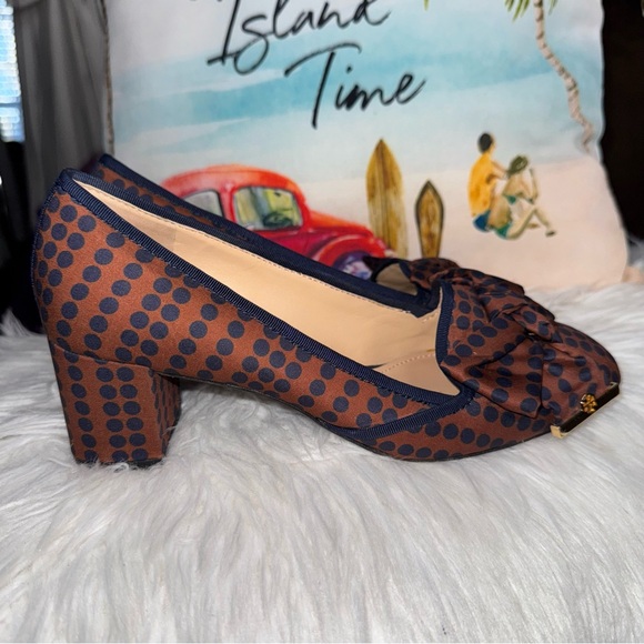 Tory Burch Bow Accent Polka Dot Chunky Heels In Brown & Navy Blue Size 7.5 - Picture 6 of 14